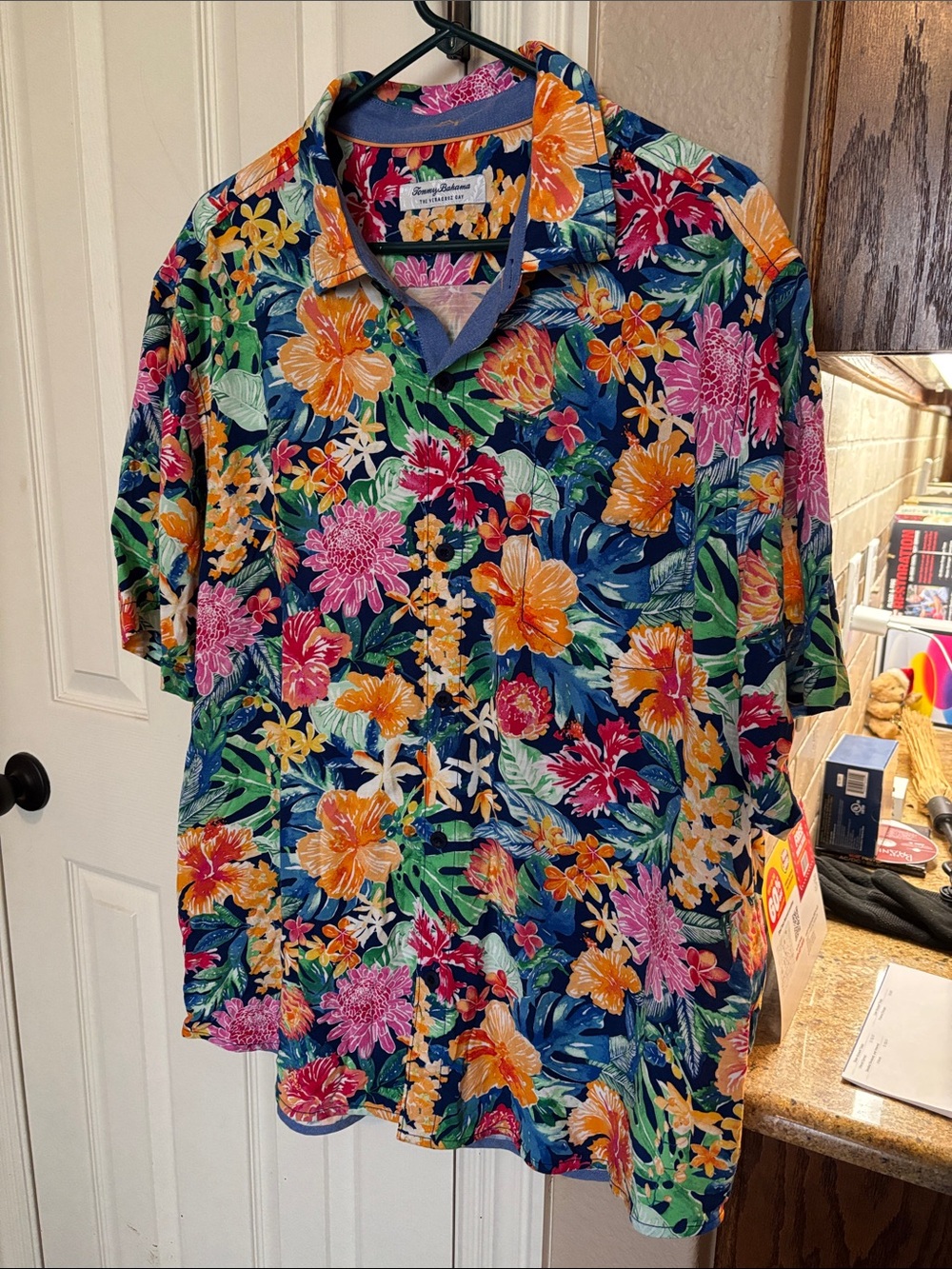 Tommy Bahama Multicolor Floral Camp Shirt — Navy Base with Orange & Pink Blooms
